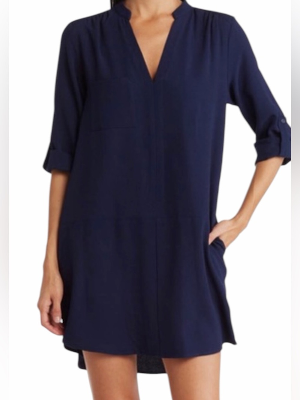 LUSH V Neck Dress 3/4 Sleeve with Pockets Blue Size S